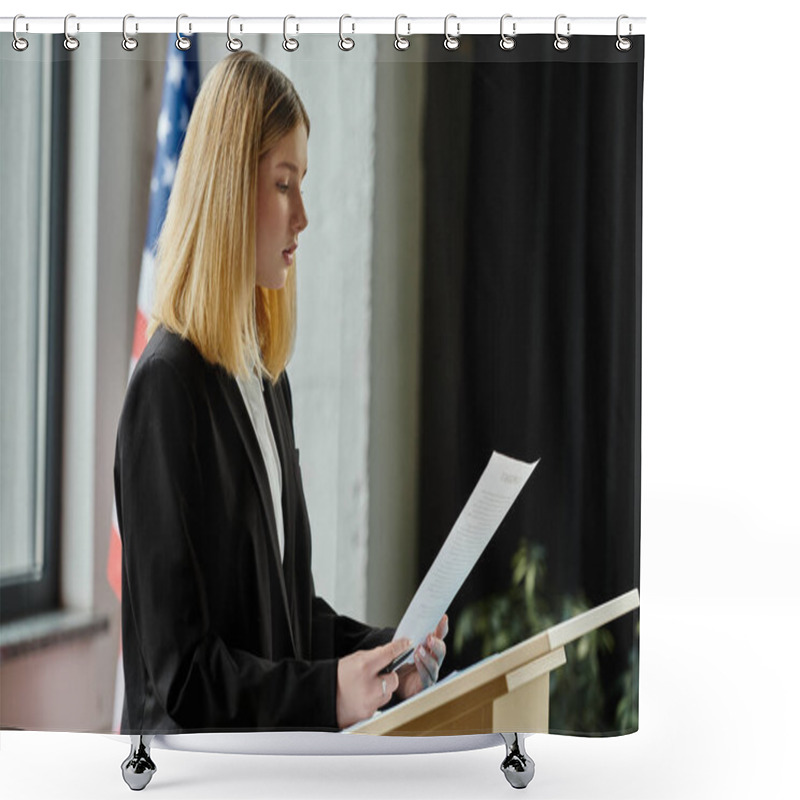 Personality  Teenage Girl Stands At A Podium, Delivering A Speech At A Model United Nations Conference. Shower Curtains