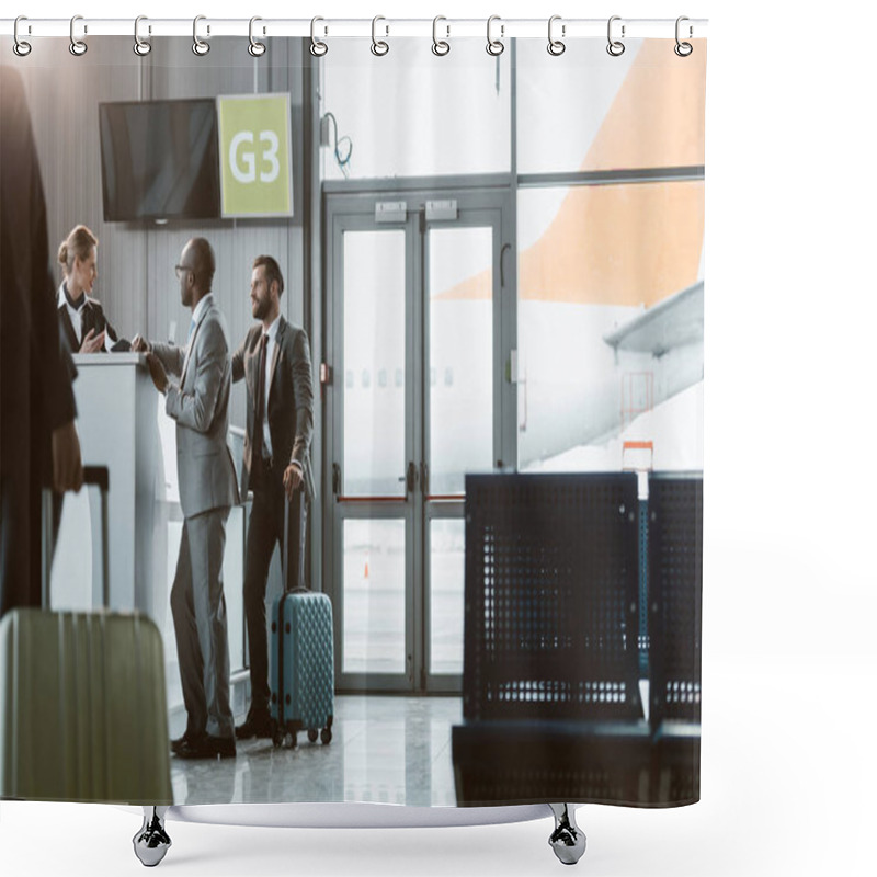 Personality  Businessmen Standing At Airport Reception To Buy Tickets While Colleague Walking To Them Shower Curtains