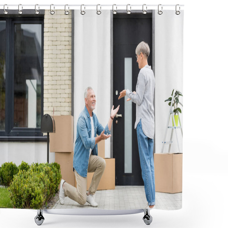 Personality  Mature Man Bending On Knee And Giving Keys Of New House To Woman  Shower Curtains