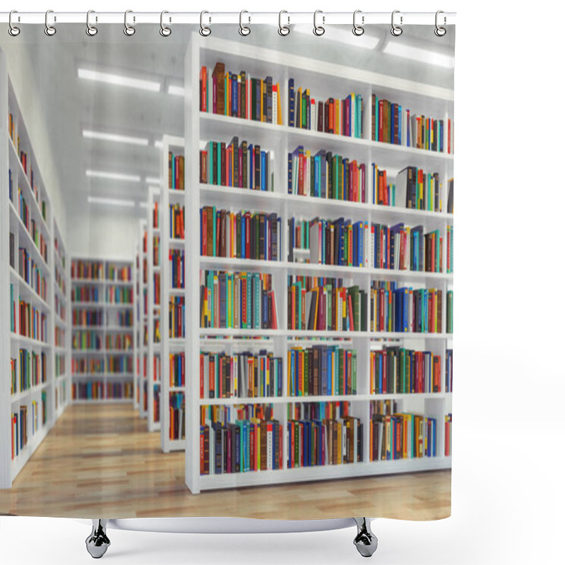 Personality  Library. Background From White  Bookshelves With Books And Textb Shower Curtains