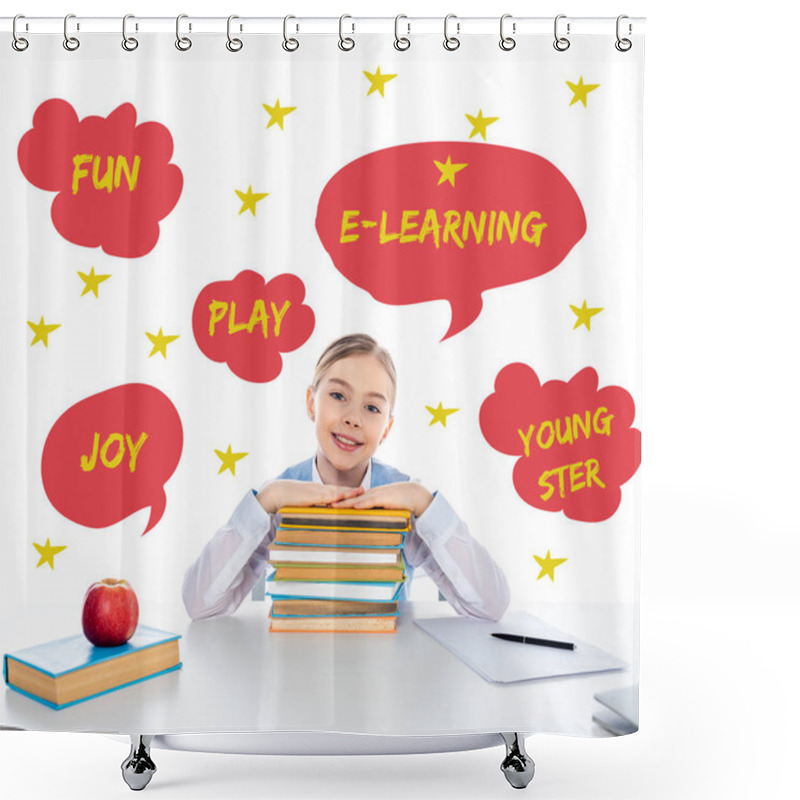 Personality  Smiling Schoolgirl Sitting At Desk With Books And Looking At Camera Near Speech Bubbles With Letters On White  Shower Curtains