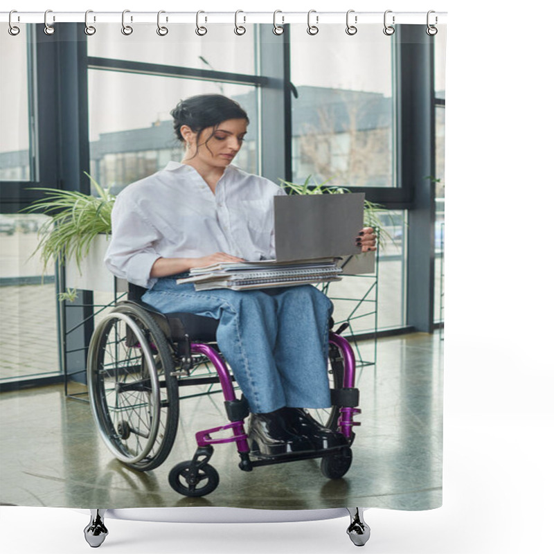 Personality  Hard Working Attractive Businesswoman With Mobility Disability In Wheelchair Looking At Laptop Shower Curtains