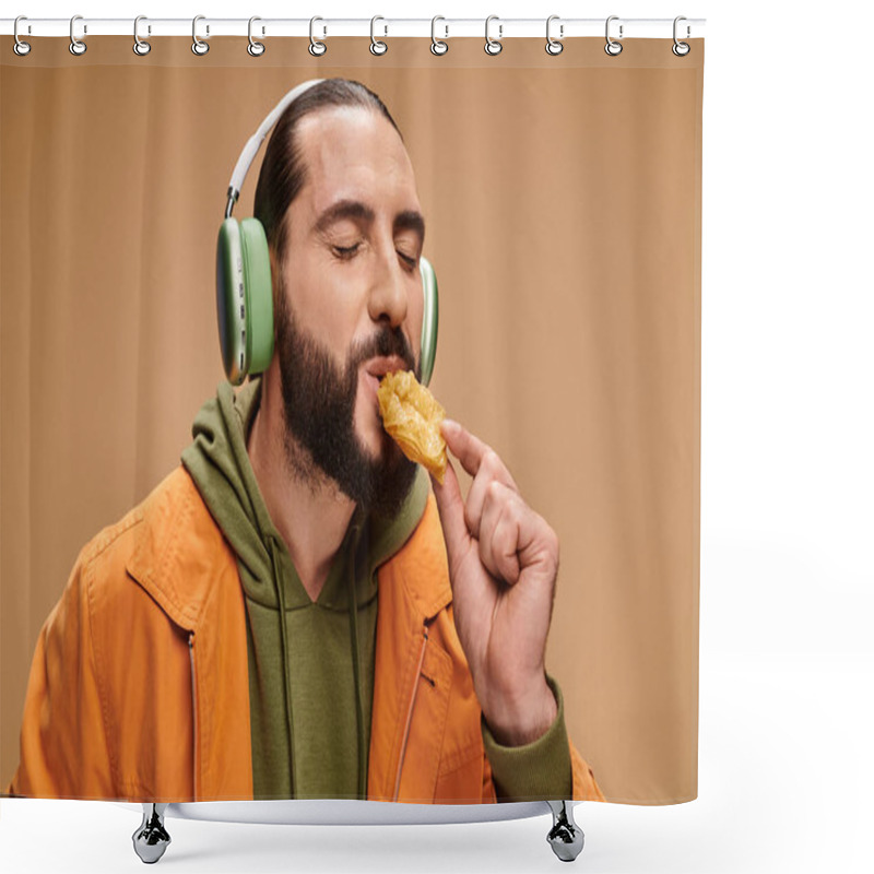 Personality  Happy Man In Headphones Eating Delicious Honey Baklava On Beige Backdrop, Turkish Delights Shower Curtains