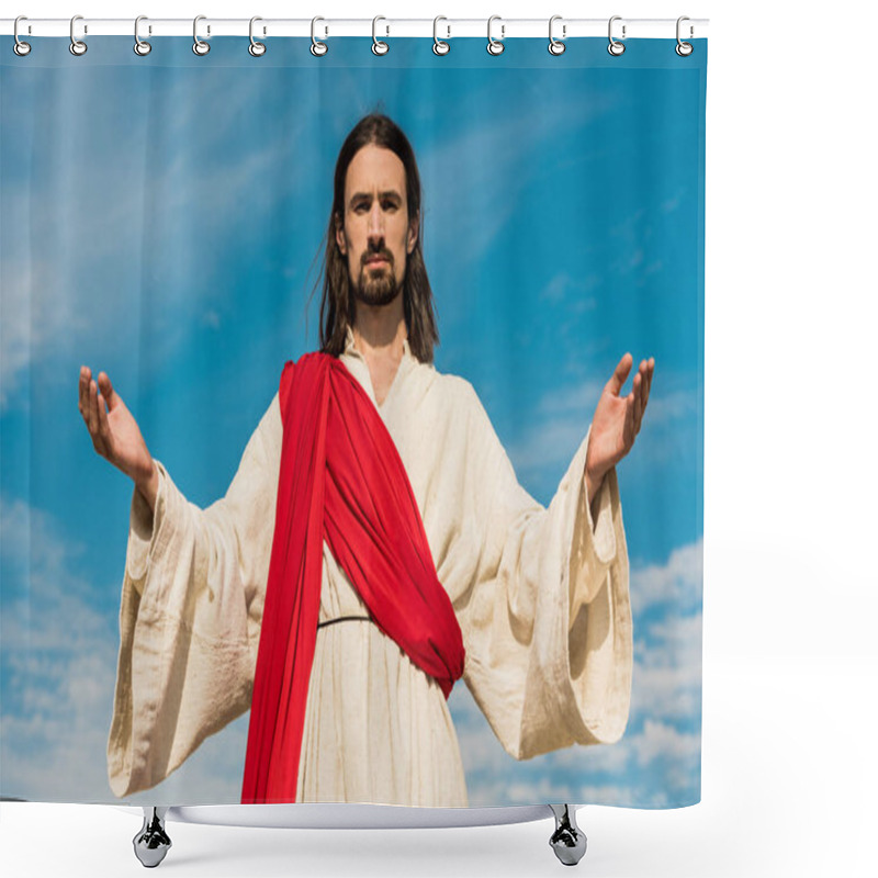 Personality  Bearded Jesus With Outstretched Hands Against Blue Sky  Shower Curtains