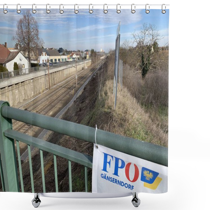 Personality  Ganserndorf, Lower Austria - January 26, 2025: Edge Of An Election Banner Of FP, Freedom Party Of Austria, Mounted On Bridge Handrail With OeBB Railway Track Under Construction In Background. Shower Curtains