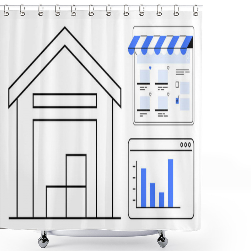 Personality  Warehouse Storing Goods With E-commerce Storefront Interface And Analytics Dashboard Displaying Bar Graph Data. Ideal For E-commerce, Inventory Management, Logistics, Shipping, Online Shopping Shower Curtains