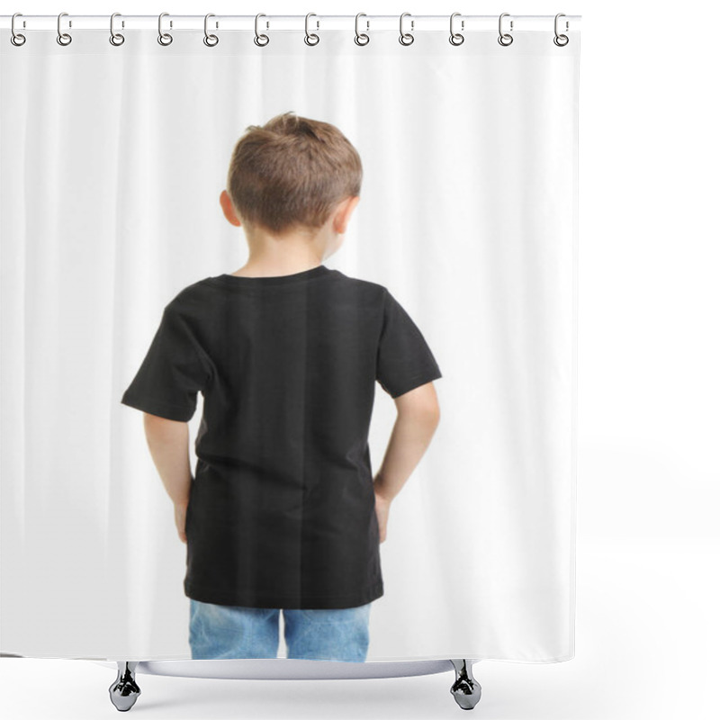 Personality  Little Boy In T-shirt On White Background. Mockup For Design Shower Curtains