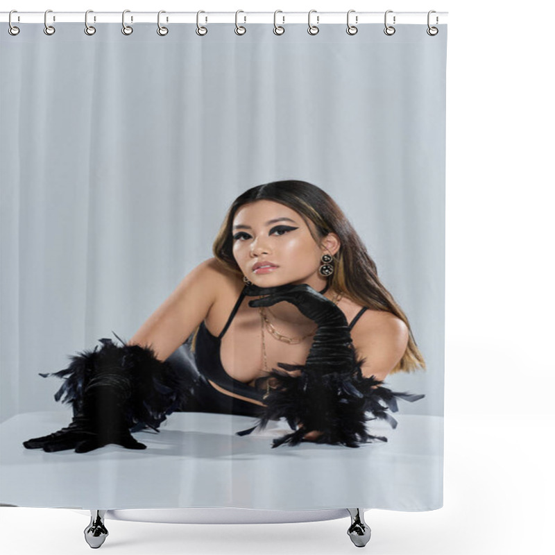 Personality  A Beautiful Asian Woman Poses With Confidence In A Black Outfit And Gloves Adorned With Feathers. Shower Curtains