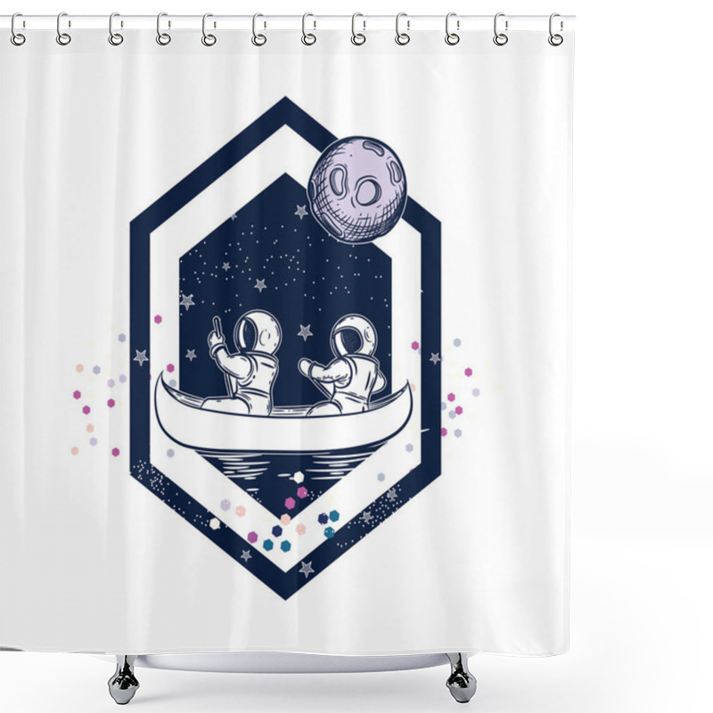 Personality  Two Astronauts In The Boat. Spacemen Are Floating On The Canoe. Space Vector Illustration. Shower Curtains