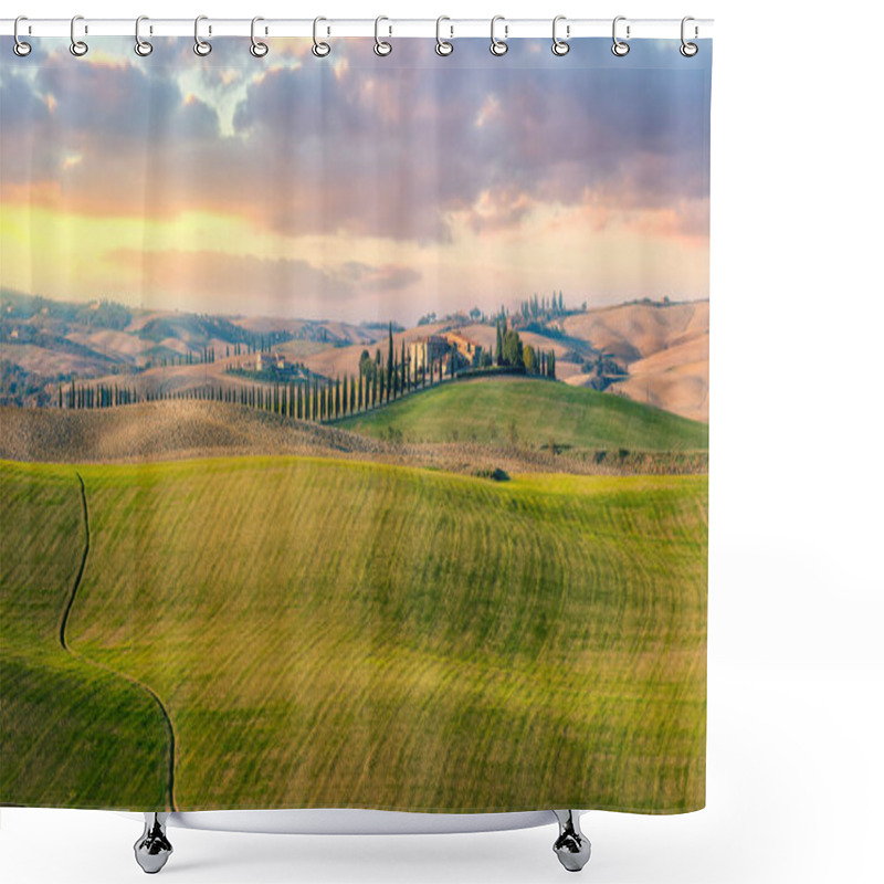 Personality  Majestic Panoramic View Of Typical Tuscany Countryside Nature Landscape. Beautiful Hills At The Sunrise Time, Cypresses, Fields And Rural Road. Italy, Europe Shower Curtains