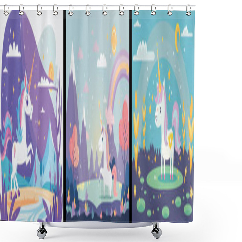 Personality  Get Lost In A Magical World With This Adorable Vector Illustration Collection Of A Unicorn In A Beautiful Nature Background - Perfect For Adding Whimsy And Enchantment To Your Projects Shower Curtains