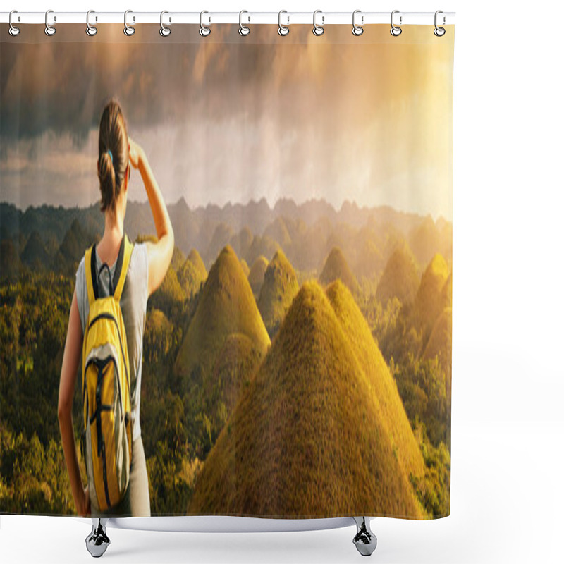 Personality  Young Woman Hiker With Backpack Enjoying Great Panoramic View On Shower Curtains