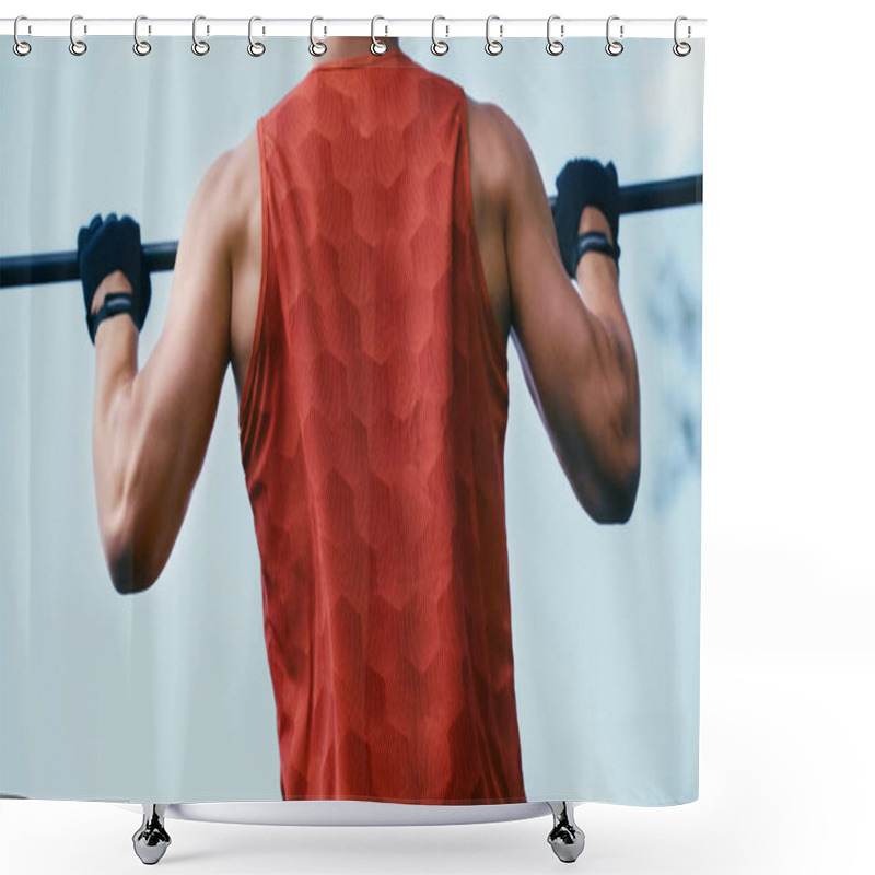 Personality  Cropped View Of Young Sportsman Doing Pull Ups On Horizontal Bar Outside Shower Curtains