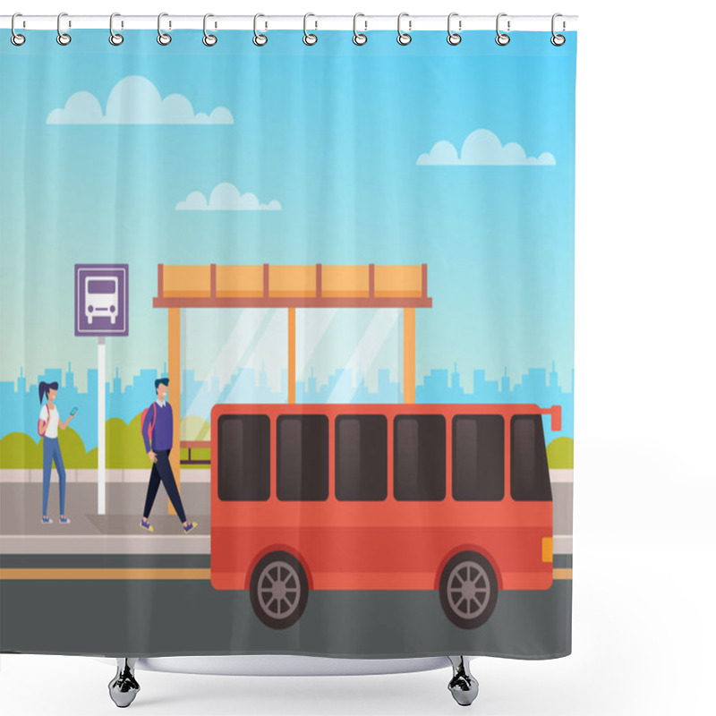 Personality  People Passenger Waiting Bus. City Urban Transportation Concept. Vector Design Flat Graphic Cartoon Illustration Shower Curtains