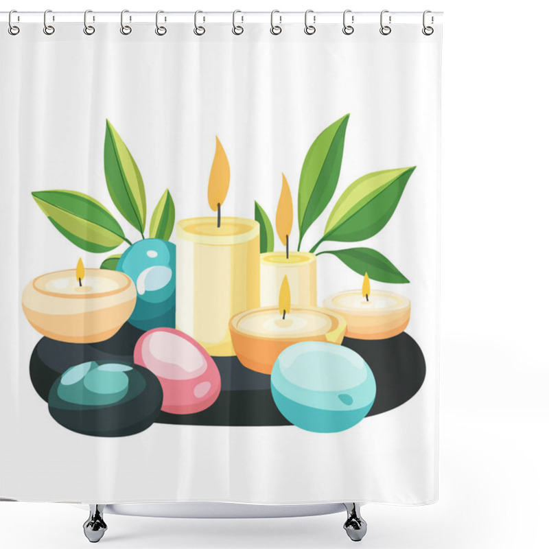 Personality   Flat A Relaxing Spa Scene With Aromatherapy Candles And Stones. Vector Shower Curtains