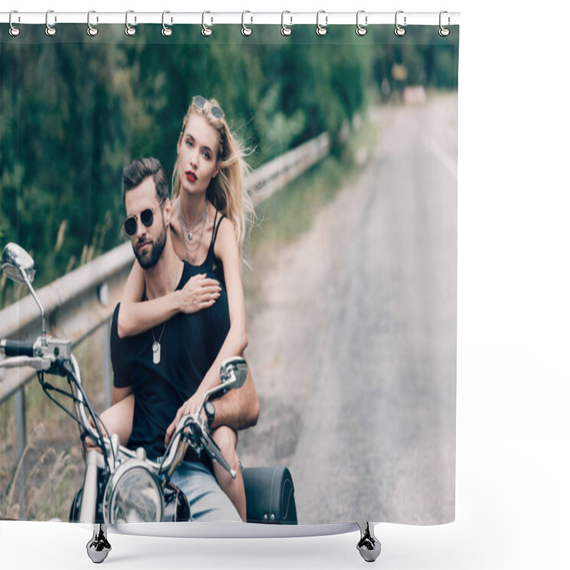 Personality  Young Couple Of Bikers Embracing On Black Motorcycle On Road Near Green Forest Shower Curtains