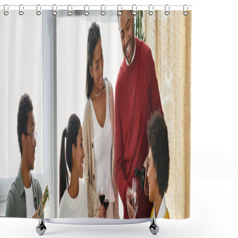 Personality  A Group Of Friends Enjoy A Festive Thanksgiving Together, Sharing Gratitude And Laughter. Shower Curtains