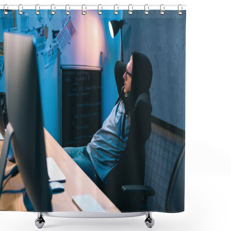 Personality  Young Hooded Hacker Relaxing On Chair In Front Of His Workplace Shower Curtains