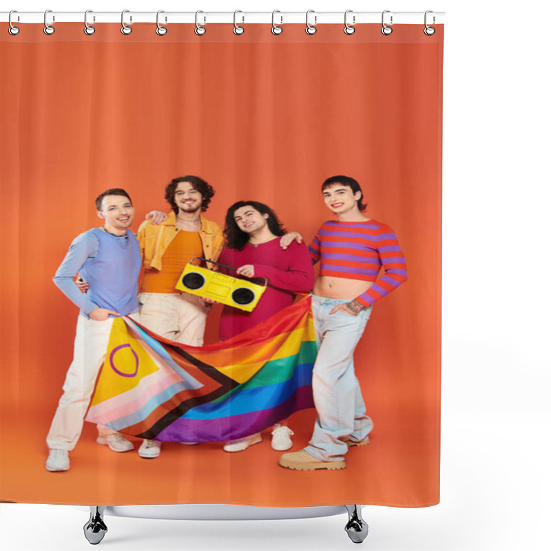 Personality  Four Young Merry Gay Friends Posing With Rainbow Flag And Tape Recorder On Orange Background Shower Curtains