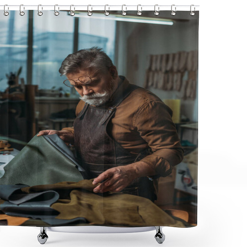 Personality  Attentive, Senior Cobbler Looking At Pieces Of Genuine Leather In Workshop Shower Curtains