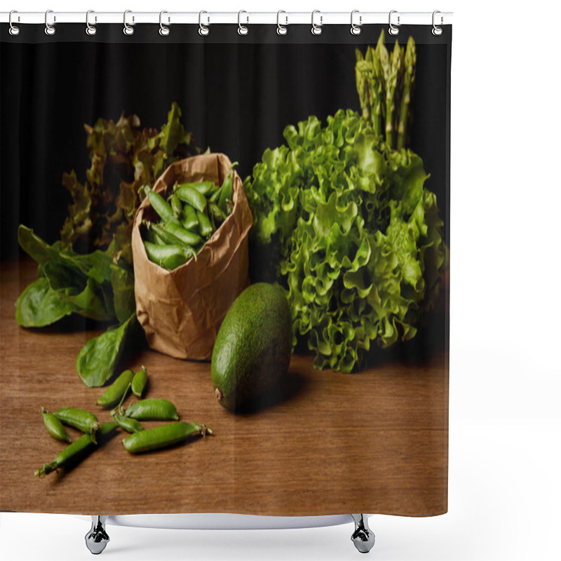 Personality  Close-up Shot Of Fresh Green Vegetables On Wooden Surface Shower Curtains