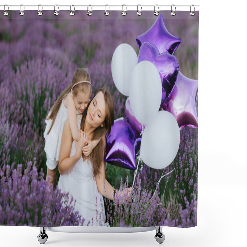 Personality  Mom And Daughter In The Lavender Field. Family Love Concept. Shower Curtains