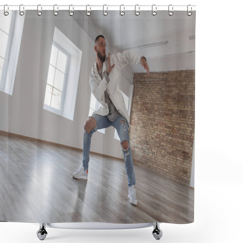 Personality  Handsome Attractive Dancer Man In Fashionable Clothes With Ripped Jeans Dancing In Dance Studio Shower Curtains