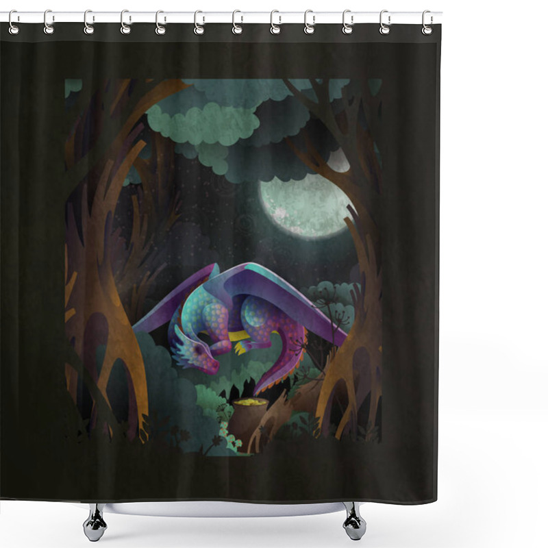 Personality  Fairytale Cover Illustration Cute Baby Dragon Sleeping On Grass In Front Of Dark Magic Forest And Fool Moon Shower Curtains