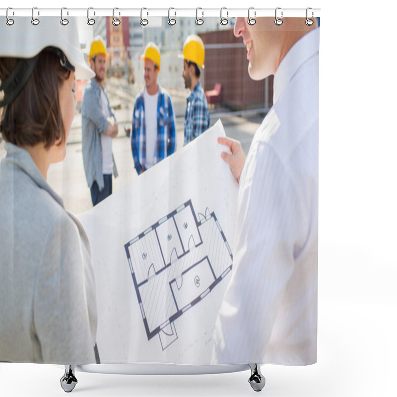 Personality  Close Up Of Architects With Blueprint At Building Shower Curtains