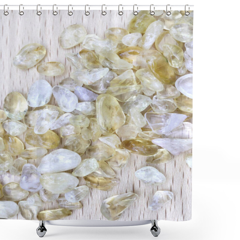 Personality  Citrine Heap Up Jewel Stones Texture On Light Varnished Wood Background Shower Curtains