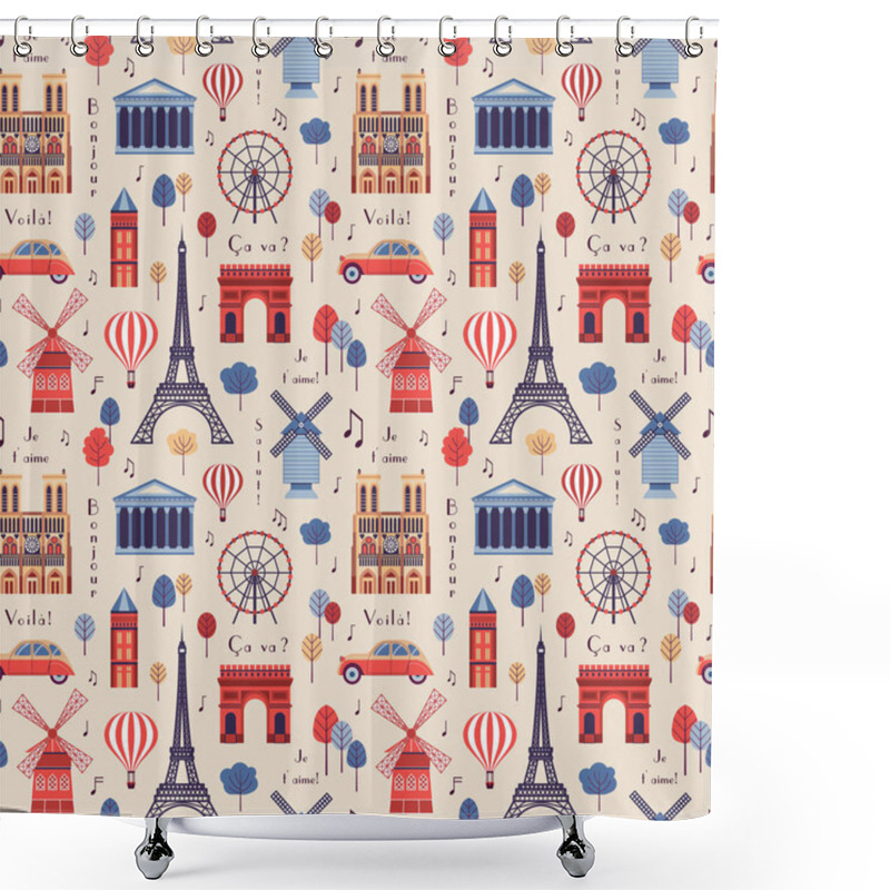 Personality  Paris Pattern With Architectural Symbols And Landmarks Of France. Eiffel Tower, Notre Dame, Arc De Triomphe, Pantheon And More On Vintage French Seamless Background. Shower Curtains