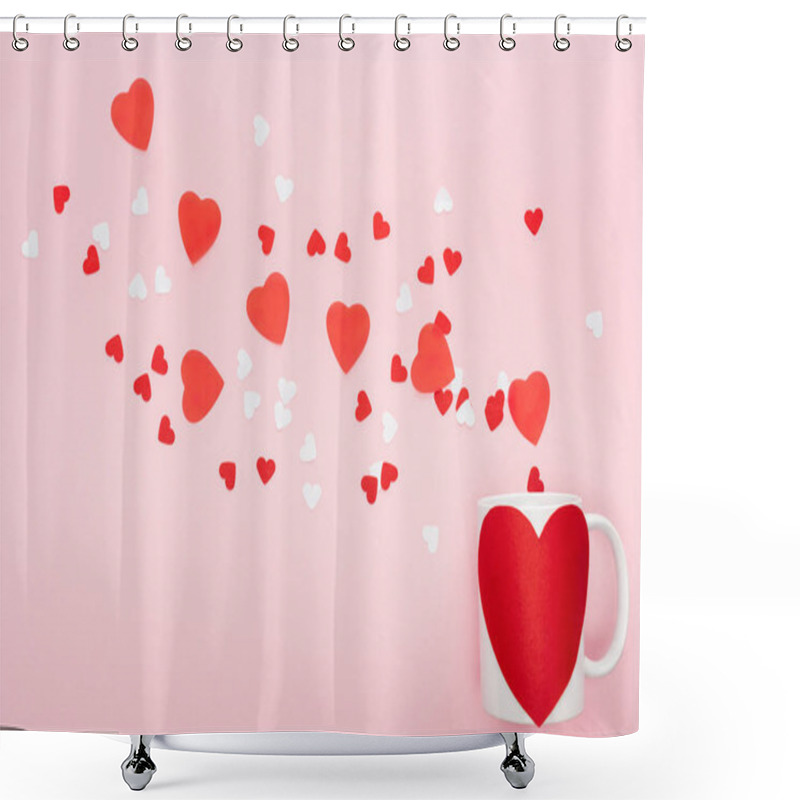 Personality  Top View Of Paper Hearts And Cup With Heart Shaped Sticker Isolated On Pink, St Valentines Day Concept Shower Curtains