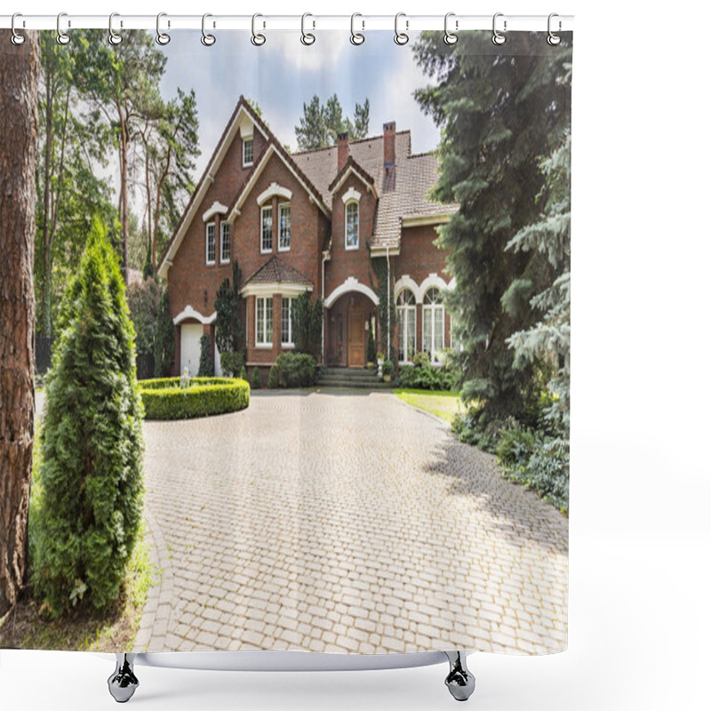 Personality  Large Cobbled Driveway In Front Of An Impressive Red Brick English Design Mansion Surrounded By Old Trees Shower Curtains