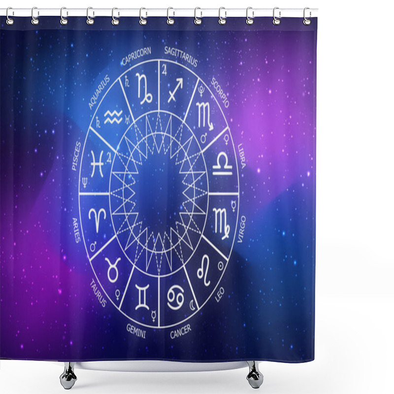 Personality  Zodiac Circle On The Background Of The Dark Cosmos. Astrology. The Science Of Stars And Planets. Esoteric Knowledge. Ruler Planets. Twelve Signs Of The Zodiac Shower Curtains