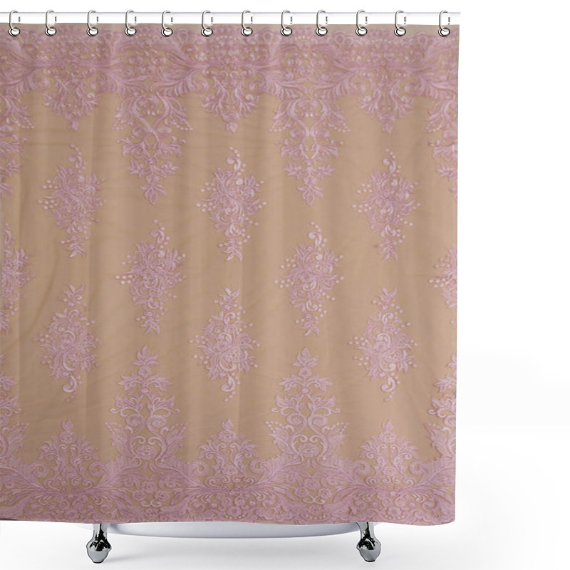 Personality  Texture Lace Fabric. Lace On White Background Studio. Thin Fabric Made Of Yarn Or Thread. A Background Image Of Ivory-colored Lace Cloth. Pink Lace On Beige Background. Shower Curtains