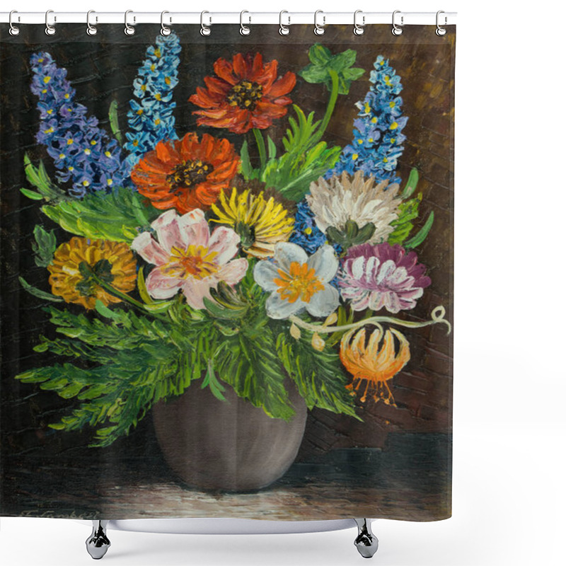 Personality  Still Life With Oil Colours - A Bouquet Of Colourful Flowers In A Grey Vase Shower Curtains