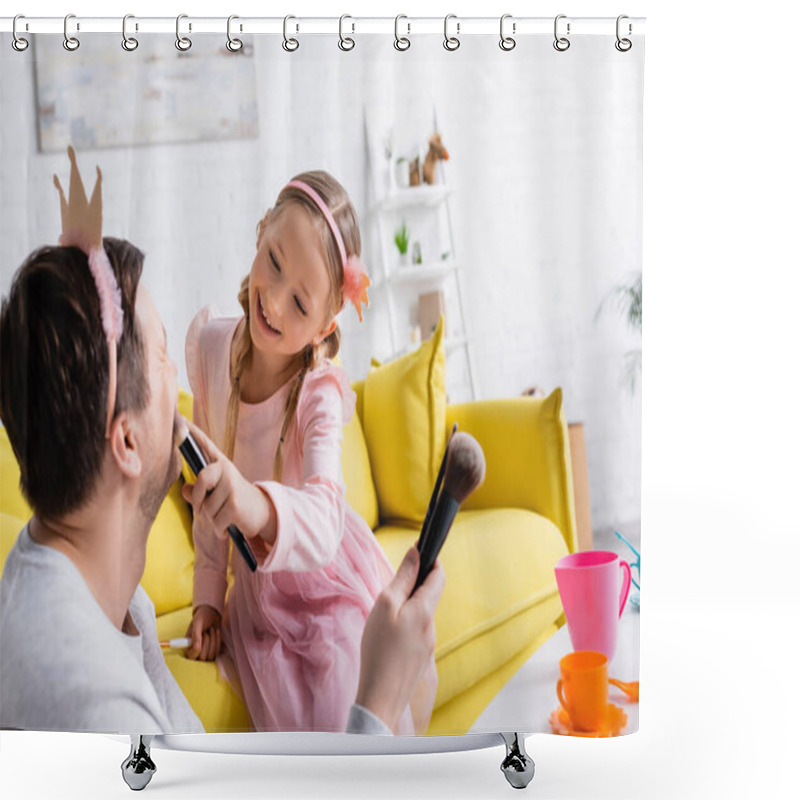 Personality  Man In Toy Crown Holding Cosmetic Brushes While Cheerful Daughter Applying Makeup, Blurred Foreground Shower Curtains