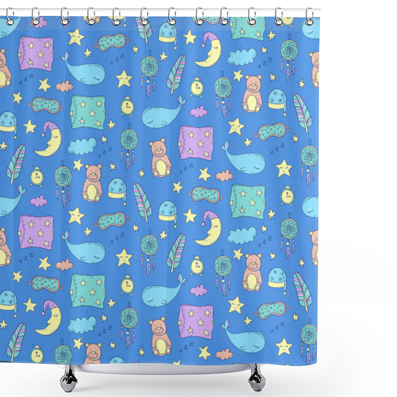 Personality  Seamless Pattern With Sleeping Whales, Pillows, Stars, Etc Shower Curtains