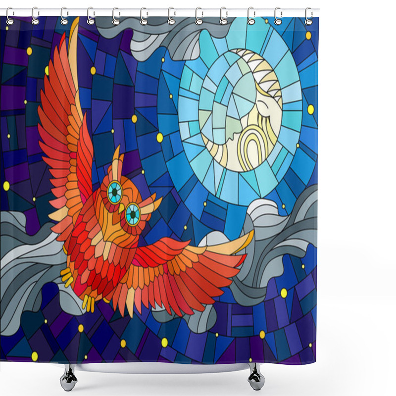 Personality  Illustration In Stained Glass Style With Fabulous Red Owl And Moon On Background Night Star Sky And Clouds Shower Curtains