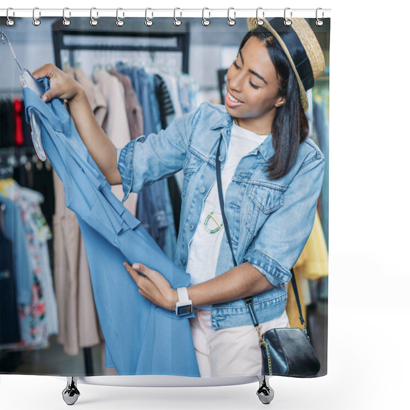 Personality  Attractive Young Black Woman In Straw Hat Looking At Blue Dress In Clothes Shop Shower Curtains