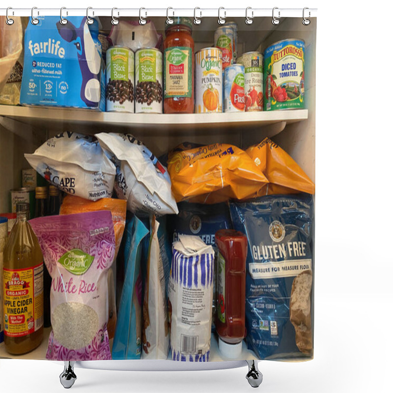 Personality  WOODBRIDGE, NEW JERSEY / USA - March 13, 2020: Dried And Shelf Stable Food Items Are Stored In A Residential Pantry, In Preparation For Potential Coronavirus Quarantine In This Illustrative Editorial Image. Shower Curtains