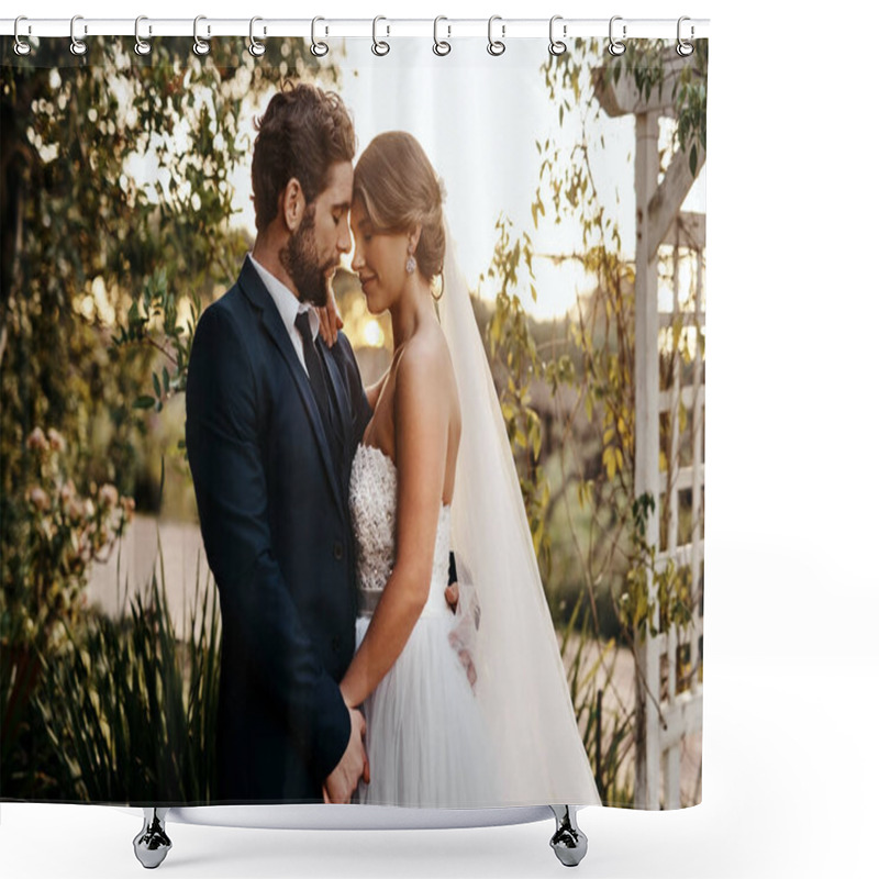 Personality  Wedding, Love And Bride With Groom In Garden For Marriage, Ceremony Celebration And Commitment. Romantic Partners, Trust And Bridal Couple Hug, Embrace And Happy For Romance, Calm And Peace In Park. Shower Curtains