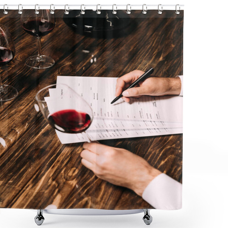 Personality  Cropped View Of Sommelier Writing In Documents At Table And Holding Wine Glass Shower Curtains