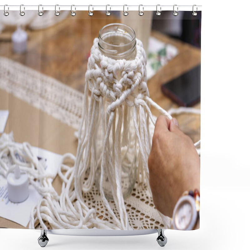 Personality  White Macram. Close Up Of A Woman's Hands Weaving A Glass Jar With Macram. Shower Curtains