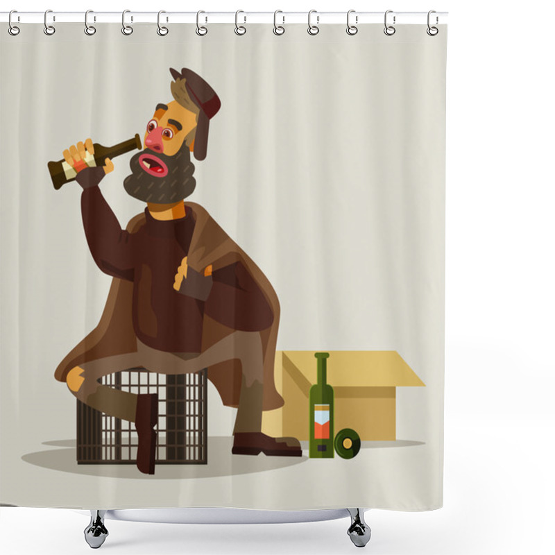 Personality  Homeless Man Drinking Alcohol. Vector Flat Illustration Shower Curtains