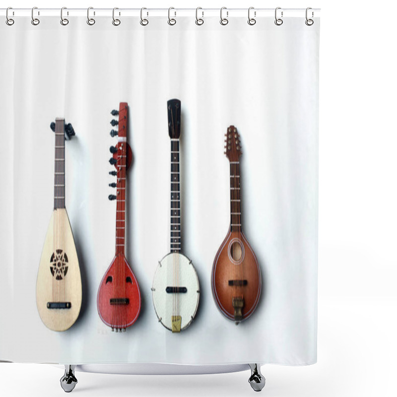 Personality  Lute, Mandoline, Banjo And Sitar Isolated On White Background Flat Lay Shower Curtains