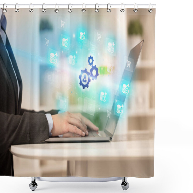 Personality  Businessman Working On Laptop With Gear Icons Coming Out From It, Successful Business Concept Shower Curtains