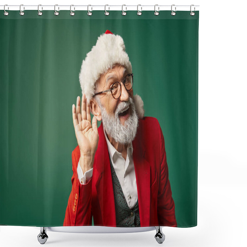 Personality  Cheerful Man Dressed As Santa With Red Hat With Hand Near Ear Looking At Camera, Winter Concept Shower Curtains