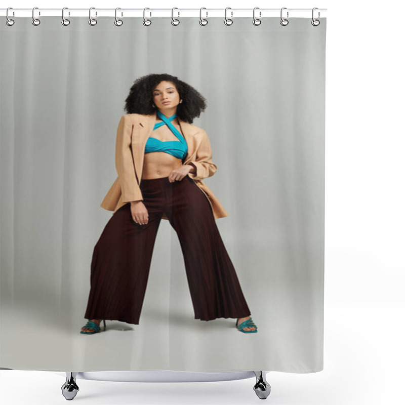 Personality  The Fashionable Woman Poses Boldly, Exuding Confidence In Her Chic Ensemble. Shower Curtains