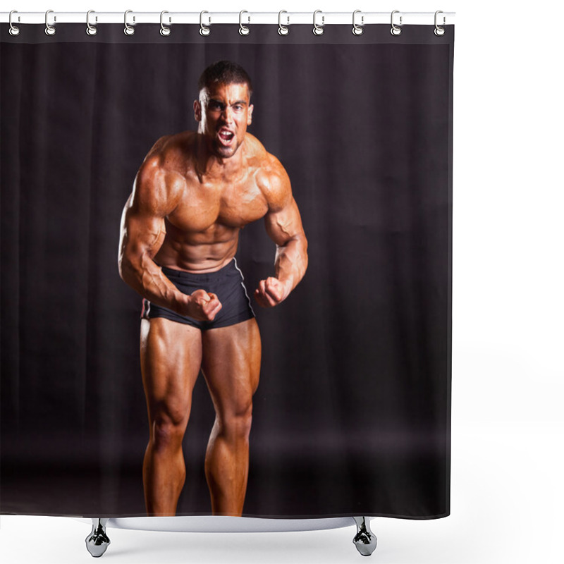 Personality  Young Bodybuilder Posing Shower Curtains